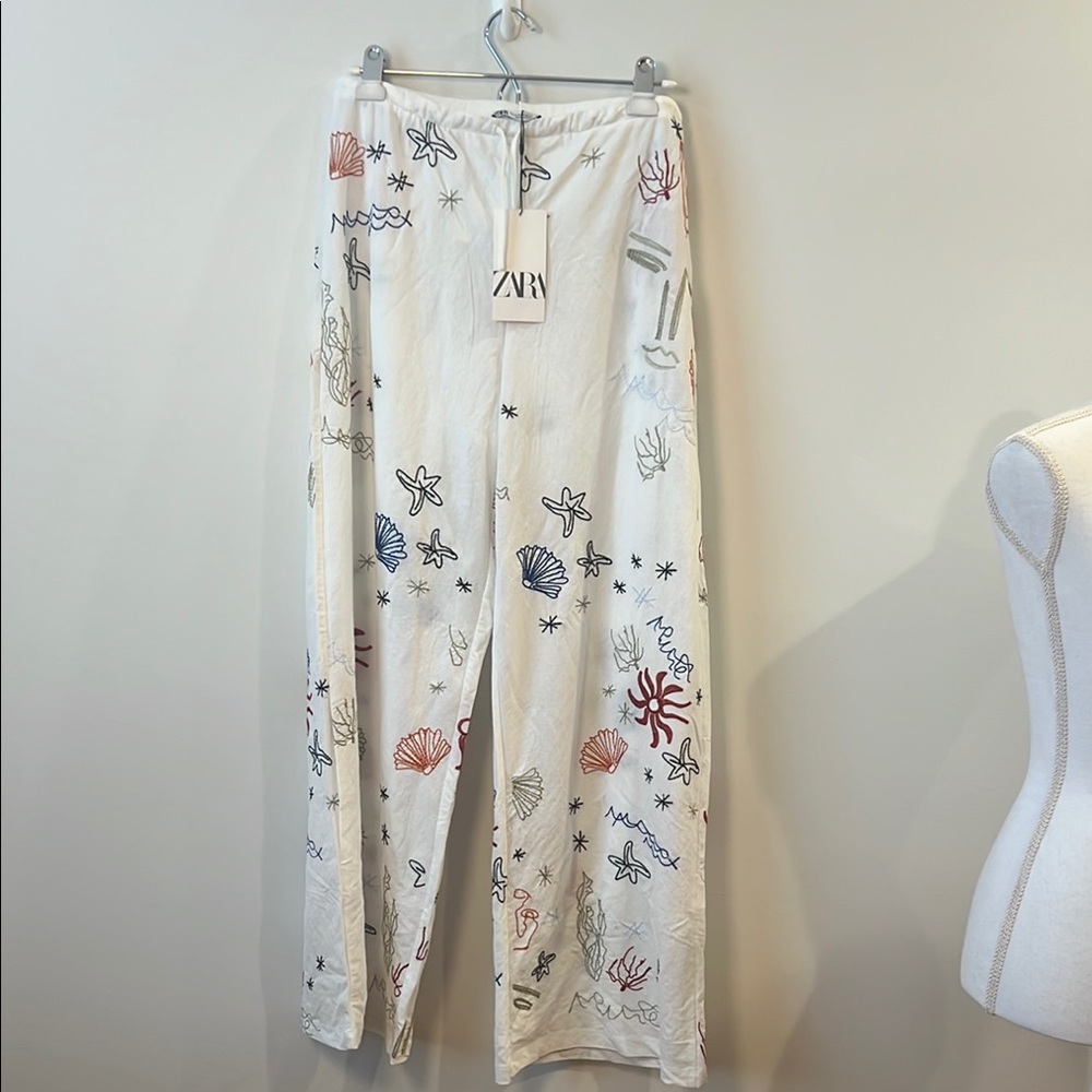 Zara White Trousers with Vibrant Embroidery